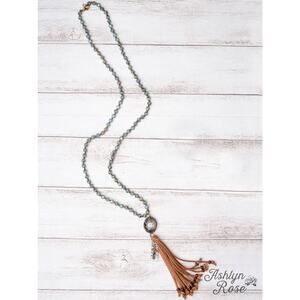 MAKE HEAVEN CROWDED GRAY CRYSTAL TAN TASSEL CROSS Blue Bead Necklace